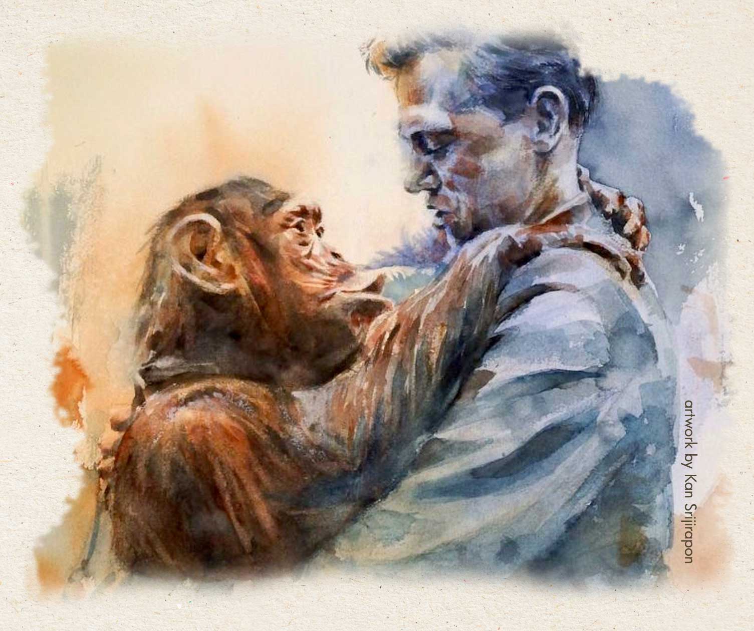 Man and monkey embrace